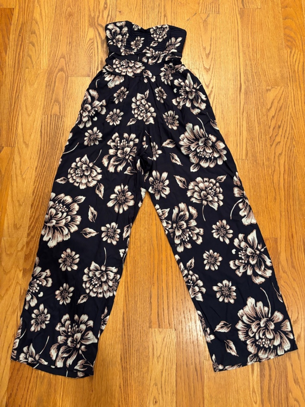 Strapless Black Floral Wide-Leg Jumpsuit